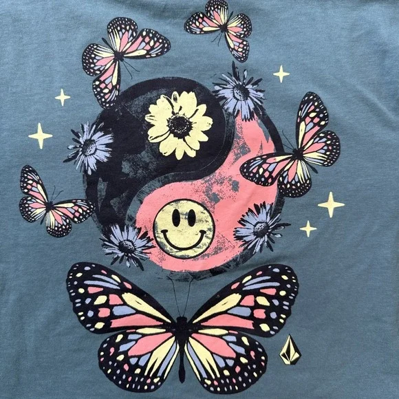 Volcom Juniors Cropped T-shirt with Butterfly Yin Yang Design Green Size S (7/8) - Picture 6 of 7